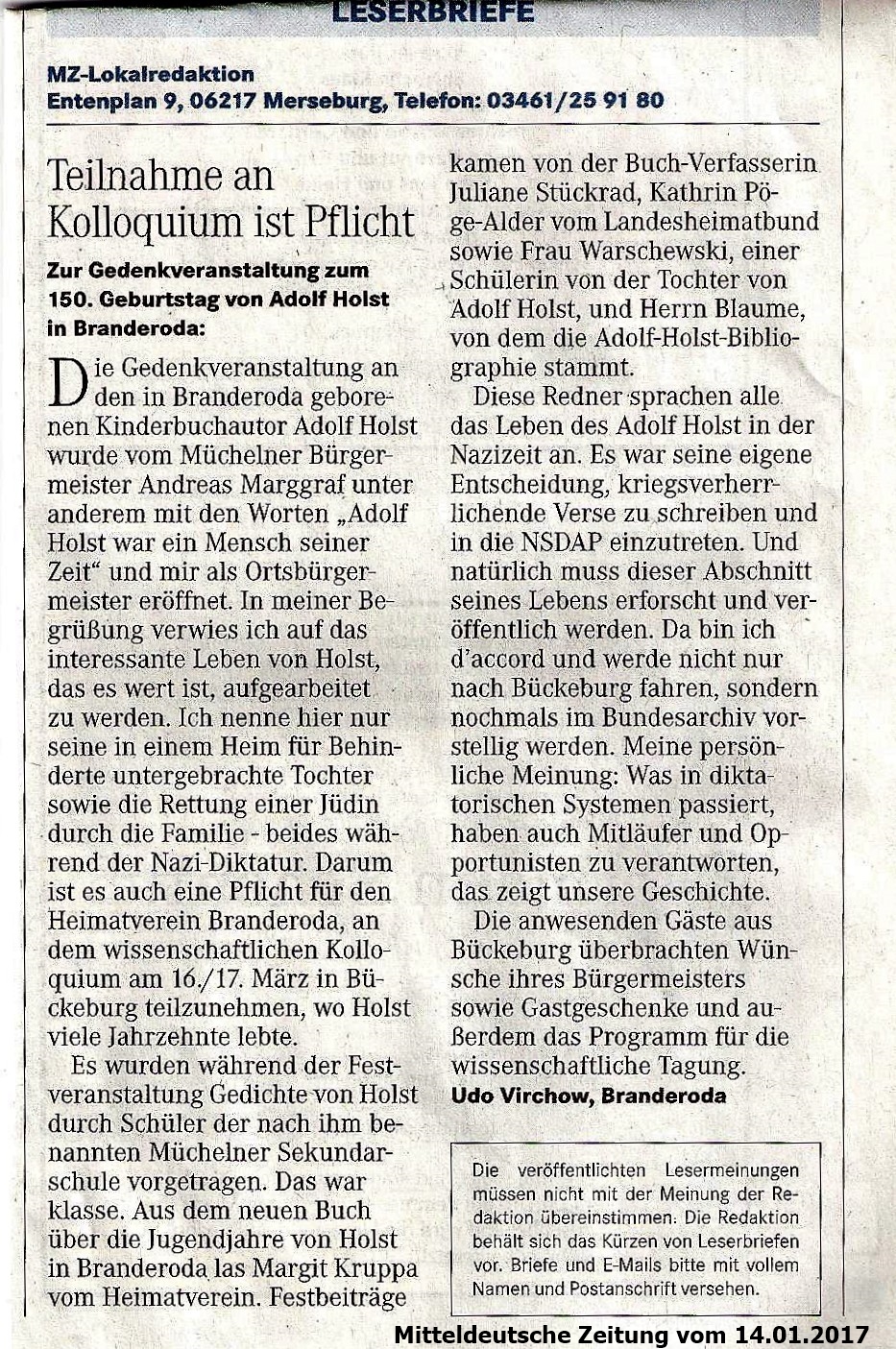 Teilnahme an Kolloquium ist Pflicht - Zur Gedenkveranstaltung zum 150. Geburtstag von Adolf Holst in Branderoda, Mitteldeutsche Zeitung, Merseburg vom 14.01.2017