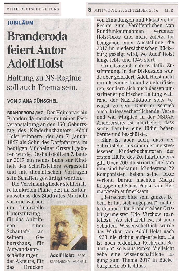 Branderoda feiert Autor Adolf Holst - Haltung zu NS-Regime soll auch Thema sein - Mitteldeutsche Zeitung vom 28.9.2016 -