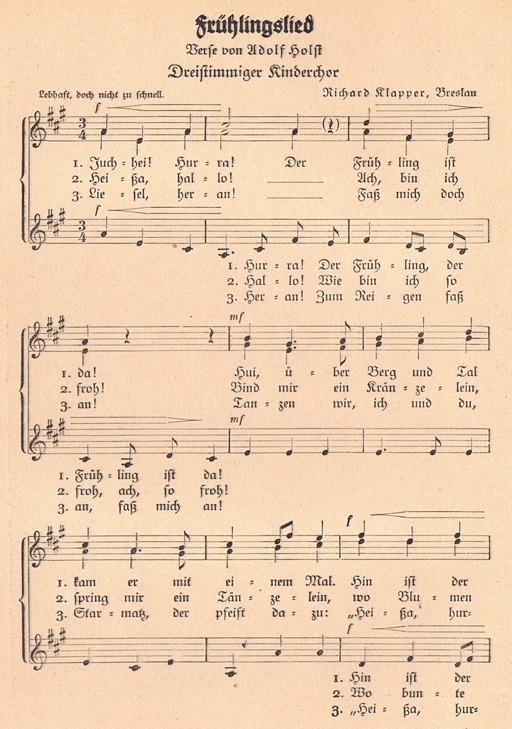 Frühlingslied, Seite 1, Verse von Adolf Holst, Melodie von Richard Klapper