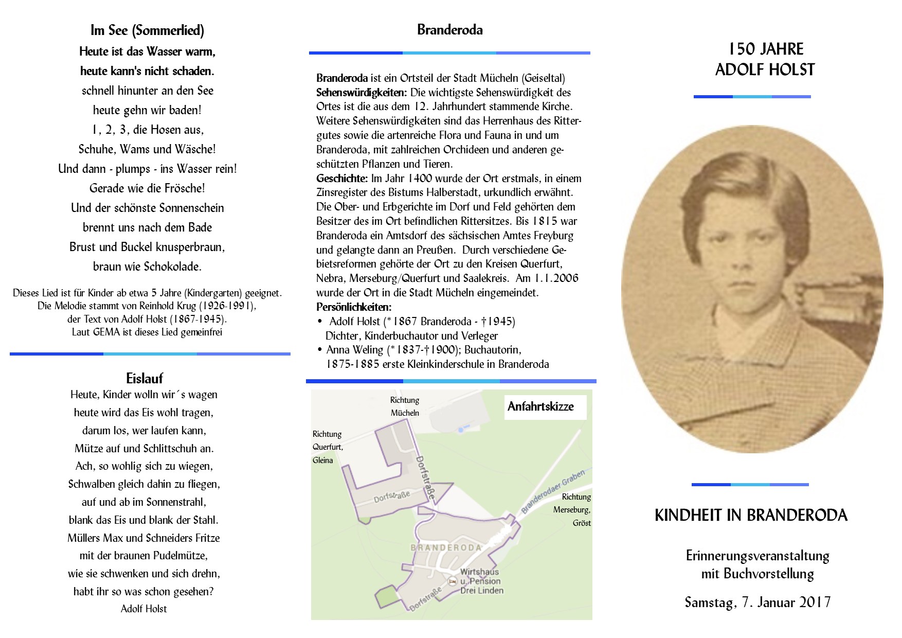 Hinweis-Flyer und Einladungs zur Adolf Holst Veranstaltung am 7. Januar 2017 in Branderoda - Seite 1
